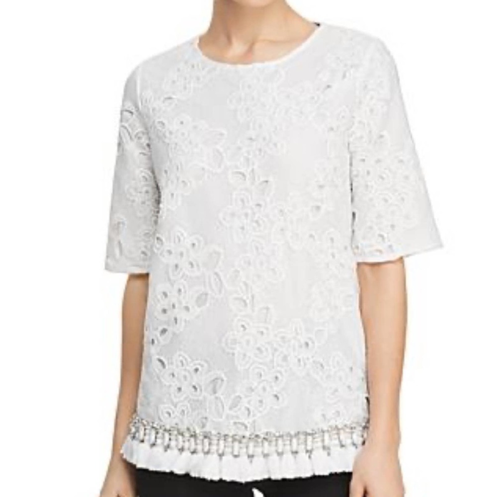 Badgley Mischka Women's Battenberg Lace Embellished Tassel Hem Lace Top sz 4